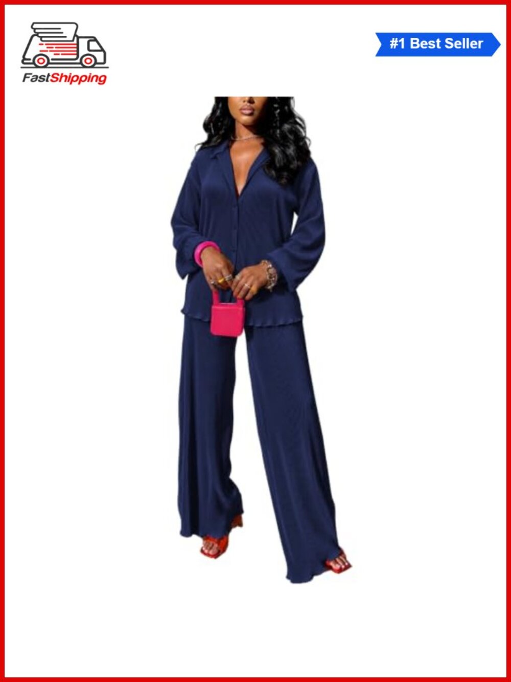 ✨kaimimei 2 Piece Outfit Women Shirt Wide Leg Pants Plisse Set Polyester